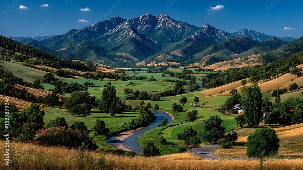 Fototapeta premium Lush mountain valley with distant icy peaks high resolution Wallpaper