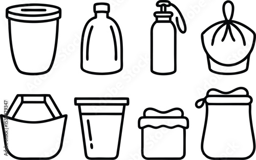 Reusable container icons outline icon set for packaging design isolated on transparent background