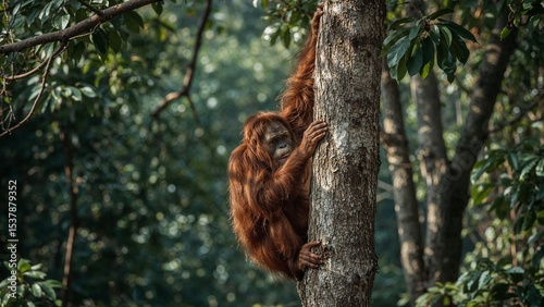 Orangutan clinging to a tree trunk in a lush rainforest.