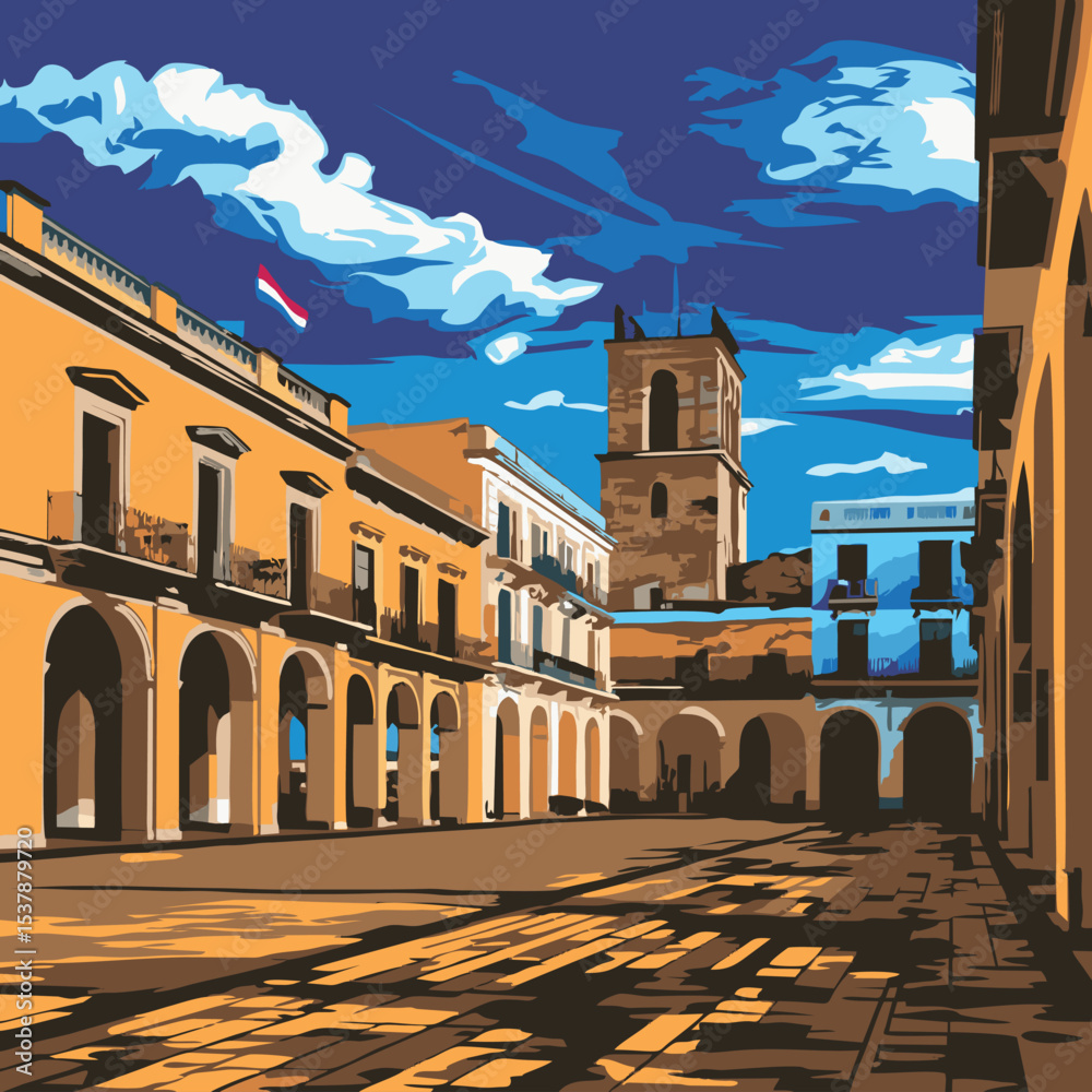 A digitally illustrated scene of a historical city square with classical European architecture, arches, and a bell tower under a vibrant blue sky. The style is vector or poster-like with bold
