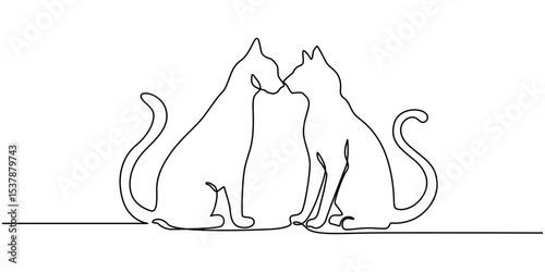 Two cats vector with continuous single one line art drawing. New minimalist design minimalism animal pet of cat illustration, Continuous one line drawing of two happy cats silhouettes, One line