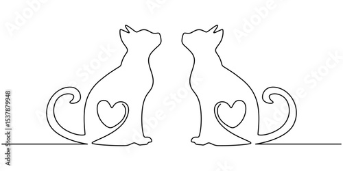 Two cats vector with continuous single one line art drawing. New minimalist design minimalism animal pet of cat illustration, Continuous one line drawing of two happy cats silhouettes, One line