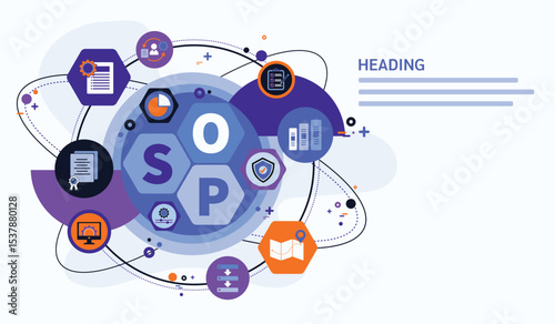 SOP web banner. Business concept for the standard, operating and procedure with icons of instruction to assist employee in complex routine operations. Vector illustration template flat design.
