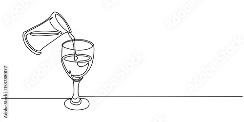 Continuous One line drawing process of pouring champagne into a glasses, Continuous one line drawing of abstract pouring wine into the wine glass. simple wine glass line art vector illustration.