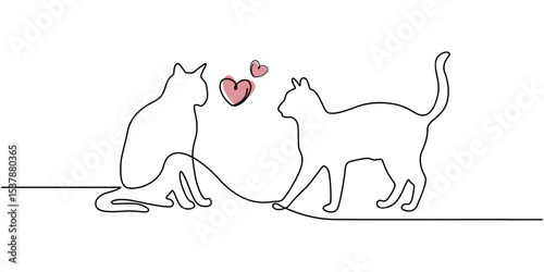 Two cats vector with continuous single one line art drawing. New minimalist design minimalism animal pet of cat illustration, Continuous one line drawing of two happy cats silhouettes, One line