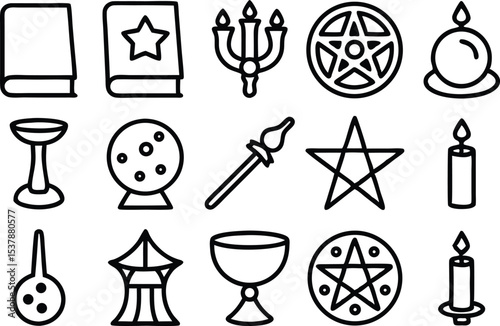 Outline icon set of ritualistic tools isolated on transparent background