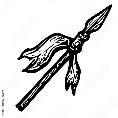 Vintage Line Art Spear with Ribbon Decorative Medieval Weapon Illustration