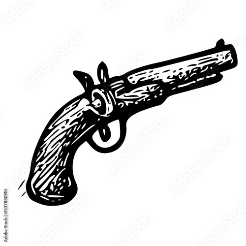 Line Art Antique Pistol Firearm Black and White Drawing Illustration