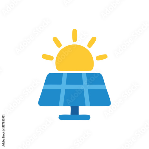 Solar panel with sun shining above, representing renewable energy and sustainability.