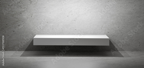 Sleek white rectangular podium floats with a sharp shadow on a textured grey concrete background. This minimalist, modern setup offers a stage for displaying products, art, conceptual designs.