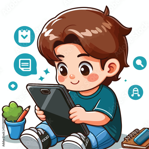 Cute boy cartoon vector playing smartphone
