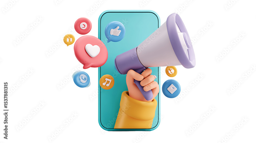 3D Cartoon Hand Holding Megaphone from Smartphone with Social Media Icons, PNG 3D Cartoon Hand Holding Megaphone from Smartphone with Social Media Icons, PNG