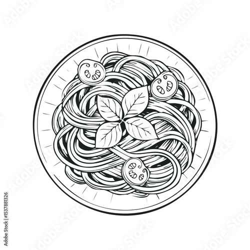 Spaghetti line drawing featuring smooth sketch-style strokes in a refined black and white vector design.