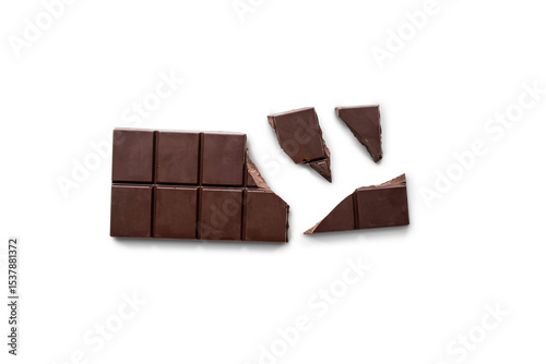 Broken organic dark chocolate bar isolated on a transparent background with shadow from above, top view, png