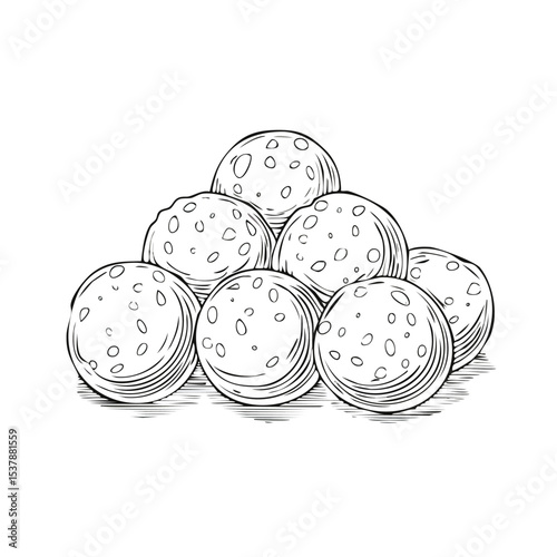 Meatballs line drawing featuring smooth sketch-style strokes in a refined black and white vector design.