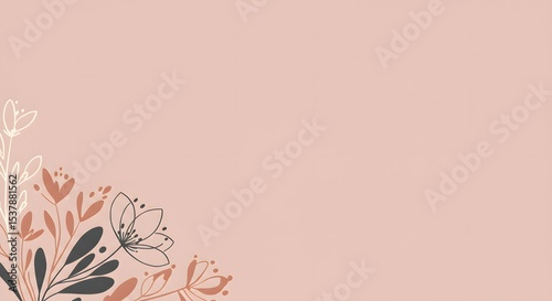 Elegant Floral Corner Design Dusty Rose Background with Simple Line Art Flowers and Leaves, Perfect for Wedding Invitations, Branding, and Social Media