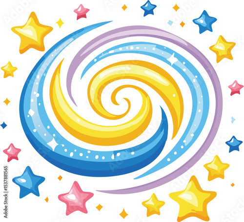 crayon drawing of a swirling galaxy. The galaxy should have shades of blue, light blue, and a yellow-orange center. Add four sparkling stars around the galaxy in yellow and pink