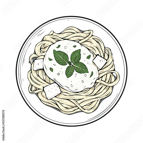 Chicken Alfredo line drawing featuring smooth sketch-style strokes in a refined black and white vector design.