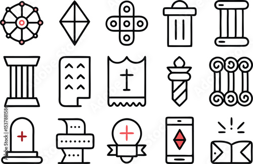 Collection of sacred outline icons isolated on transparent background