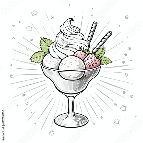 Ice Cream Sundae line drawing featuring smooth sketch-style strokes in a refined black and white vector design.