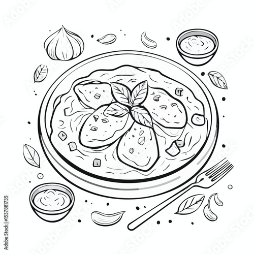 Chicken Tikka Masala line drawing featuring smooth sketch-style strokes in a refined black and white vector design.