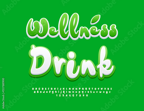 Vector Healthy logo Wellness Drink. Playful White and Green Font. Decorative Alphabet Letters and Number set.
