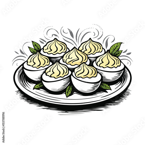 Deviled Eggs line drawing featuring smooth sketch-style strokes in a refined black and white vector design.
