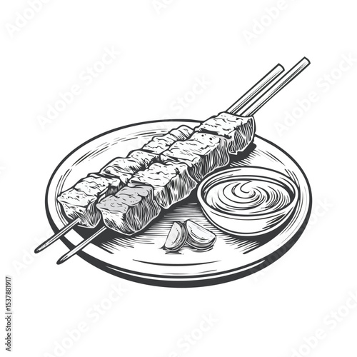 Chicken Satay line drawing featuring smooth sketch-style strokes in a refined black and white vector design.