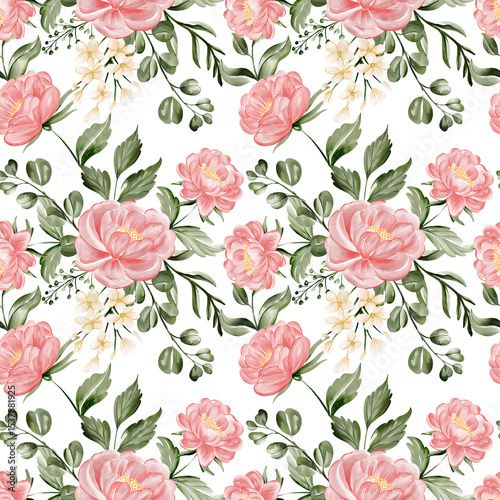 Fototapeta Naklejka Na Ścianę i Meble -  Blush Pink Peonies & Eucalyptus Watercolor Seamless Pattern