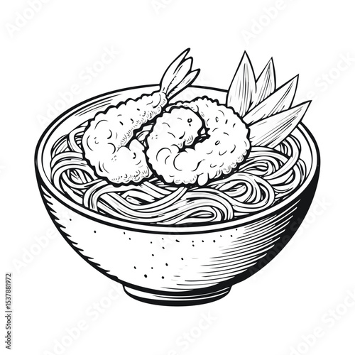 Tempura Udon line drawing featuring smooth sketch-style strokes in a refined black and white vector design.