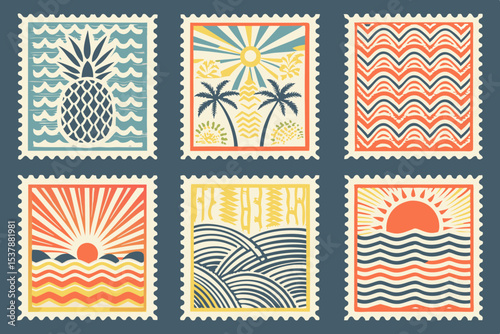 Colorful summer postage stamps, tropical vacation iconscomfort