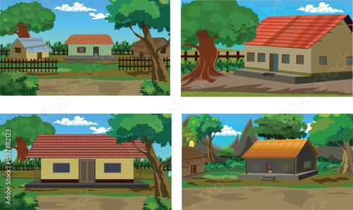 Cartoon Village House Vector Set with Traditional Rural Homes, Trees, Fences, and Landscape for Animation Background, Game Asset, Farming Scene, Educational Video or Explainer Illustration

