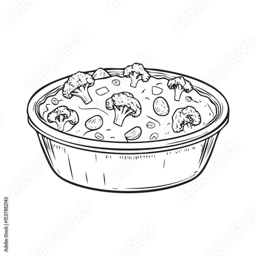 Broccoli and Cheese Casserole line drawing featuring smooth sketch-style strokes in a refined black and white vector design.