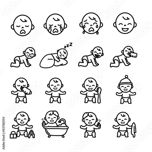 Set of baby icons in simple line art style. Includes crying, sleeping, crawling, feeding, bathing, playing, and various baby activities and emotions