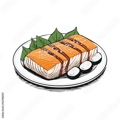 Teriyaki Salmon line drawing featuring smooth sketch-style strokes in a refined black and white vector design.