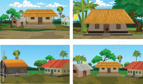 Cartoon Village House Vector Set with Thatched Roof Huts, Tin Houses and Concrete Homes for Animation Background, Farming Game Scene, Explainer Video or Educational Rural Storytelling Projects

