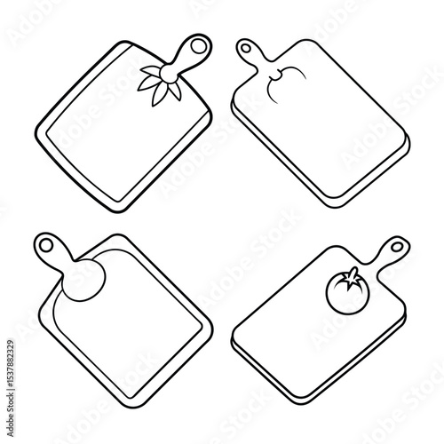Four decorative black and white outlined kitchen cutting boards in different styles