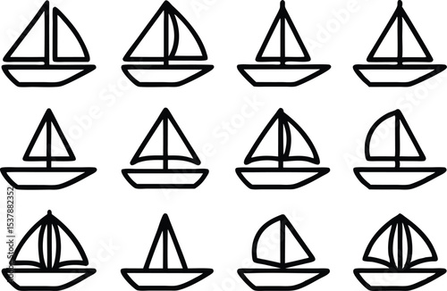 A collection of sailboat icons for ship and travel themes isolated on transparent background