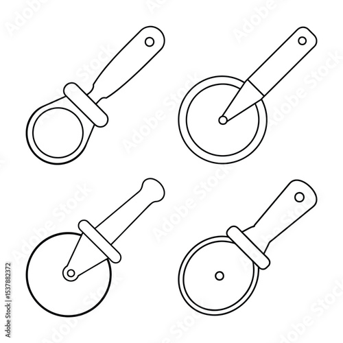 Collection of minimalist black and white pizza cutters in simple outlined vector form