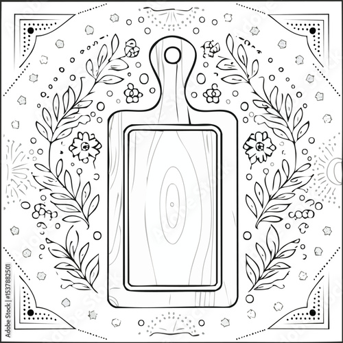 cutting board line drawing featuring smooth sketch-style strokes in a refined black and white vector design.
