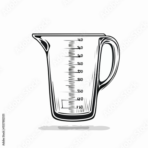 measuring cup line drawing featuring smooth sketch-style strokes in a refined black and white vector design.