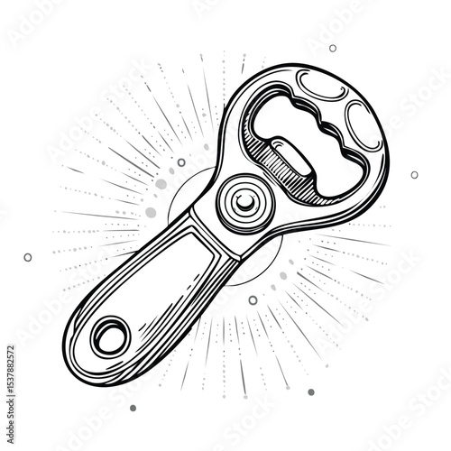 can opener line drawing featuring smooth sketch-style strokes in a refined black and white vector design.