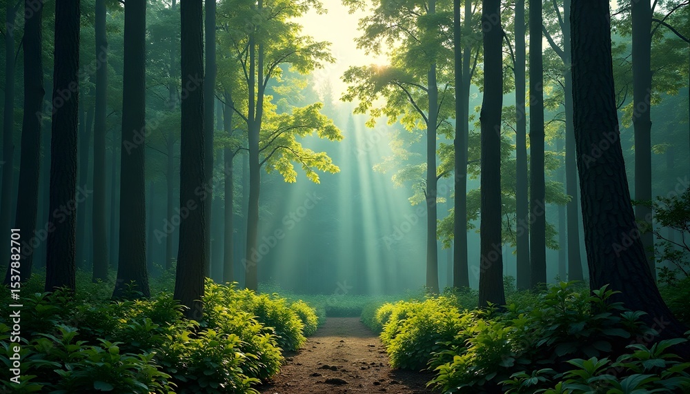 Obraz premium Sunlit Path Through Emerald Forest, Tall Trees and Lush Greenery