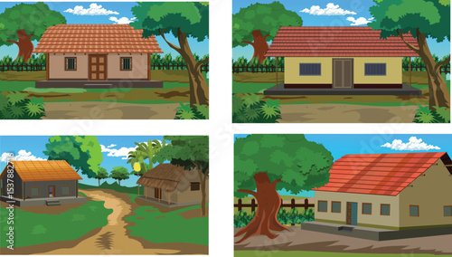 Cartoon Village House Vector Set with Traditional Rural Homes and Trees for Animation Background, Educational Scene, Farming Game Asset, Storytelling Illustration, and Explainer Videos

