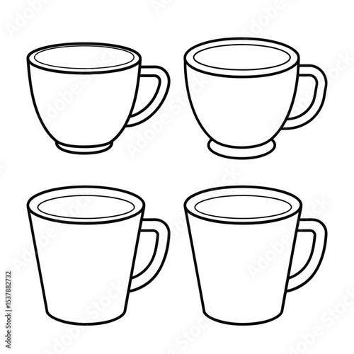Four different vector outlines of coffee mugs in black and white isolated on white background