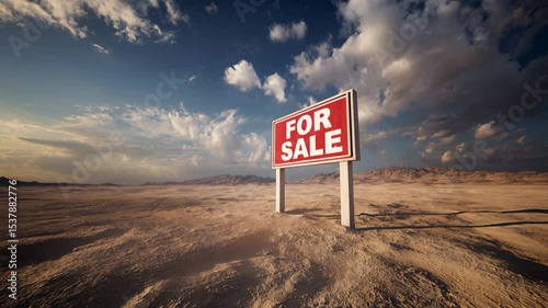 For sale sign in a desert landscape under a cloudy sky during the day near some distant mountains