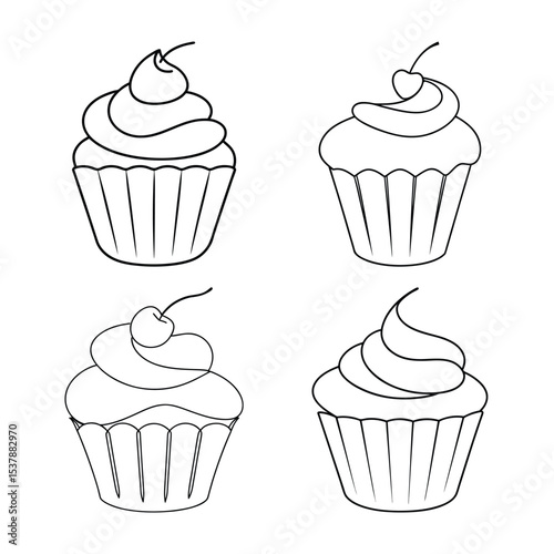 Collection of four simple cupcake outline illustrations with cherry toppings and delicious frosting