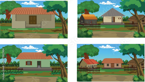 Village House Cartoon Vector Set with Rural Homes, Fences, Trees and Nature for Animation Background, Farming Game Asset, Indian Village Explainer, Storytelling Scene or Educational Landscape

