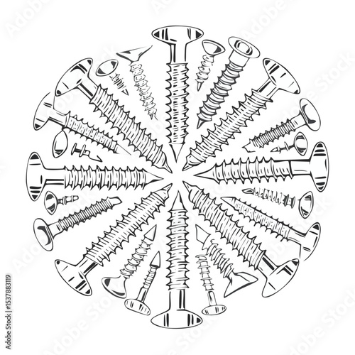screws line drawing featuring smooth sketch-style strokes in a refined black and white vector design.