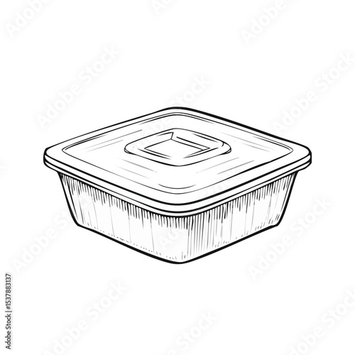 food container line drawing featuring smooth sketch-style strokes in a refined black and white vector design.
